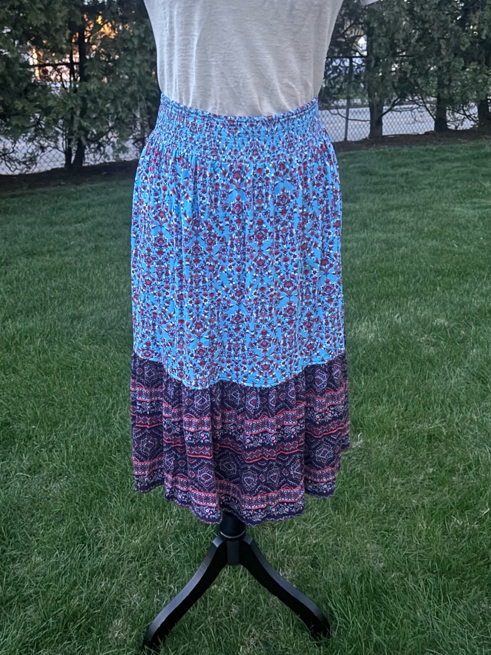 St. John's Bay Blue and Navy Floral Tiered Midi Skirt